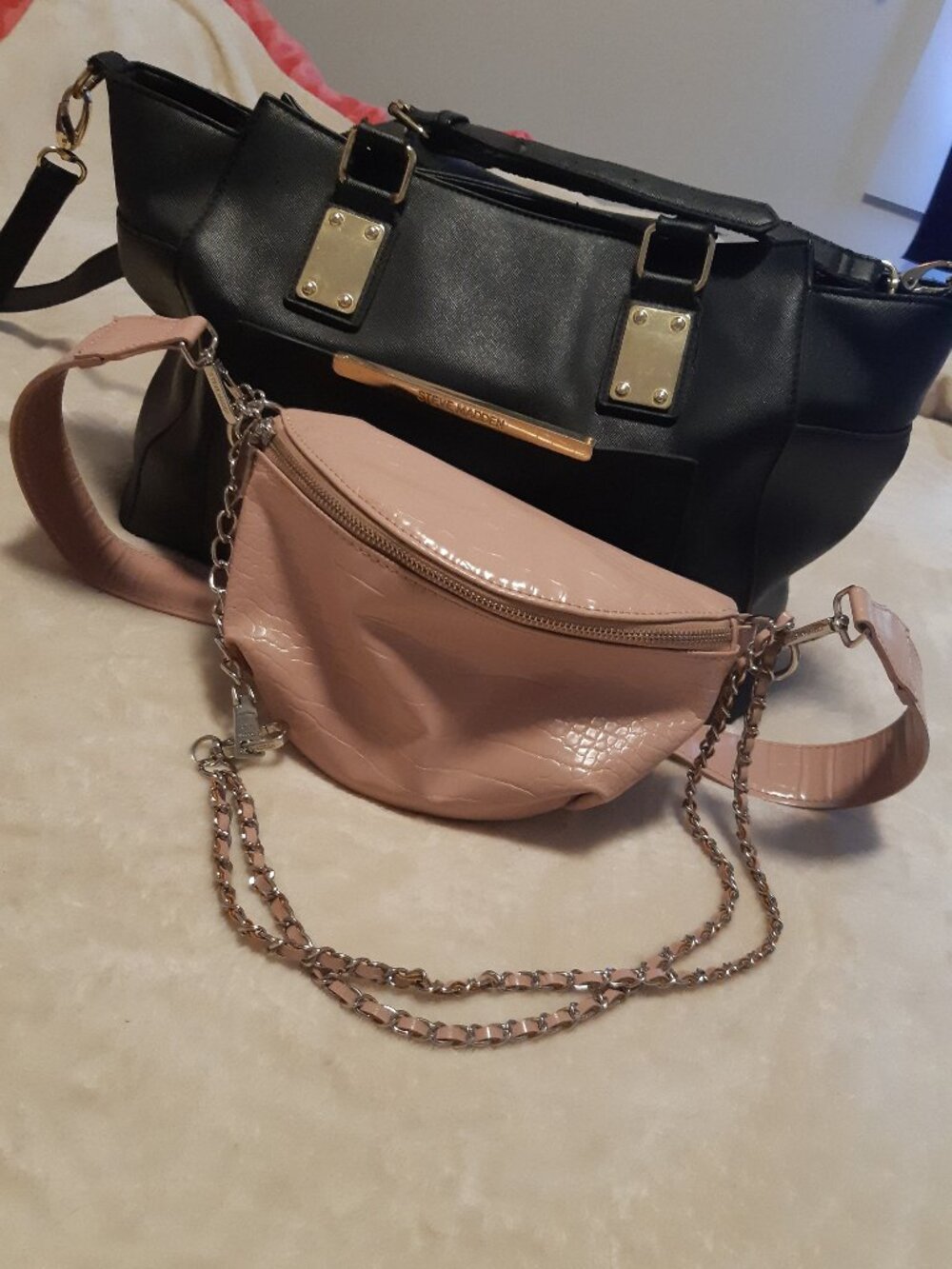Steve Madden Bag Lot Black Tote Bag & Pink Croc Belt Bag / Cross Body Bundle